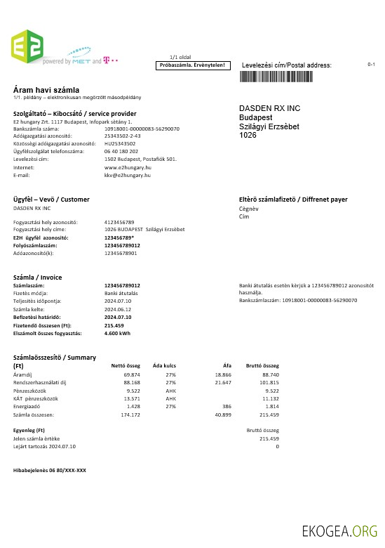 Modèle de facture de services publics pour les entreprises Hongrie E2 aux formats Word et PDF